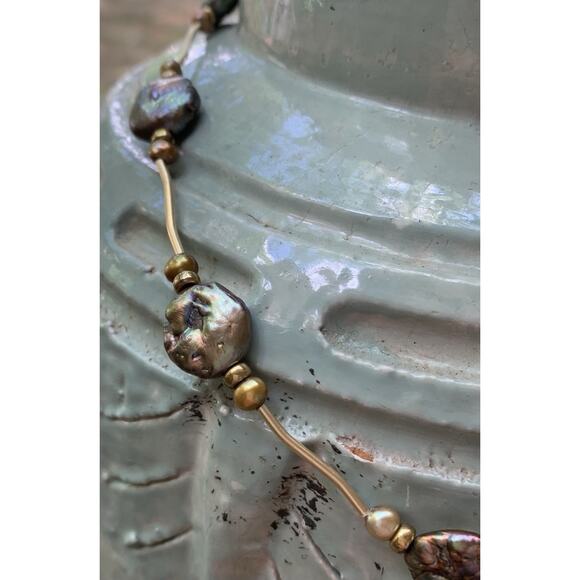 Gold Filled Peacock Coin Pearls Necklace and Earring Statement Set - Picture 9 of 10